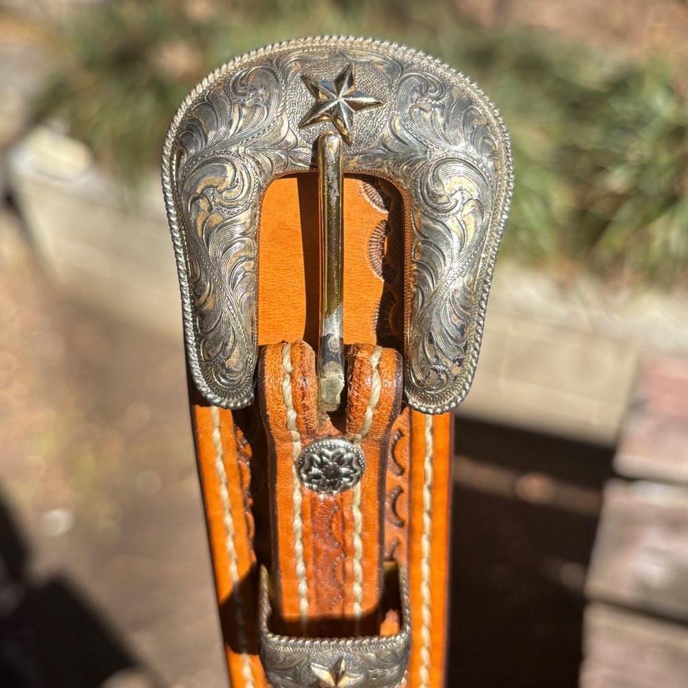 Vogt Sterling Silver 14K Gold 4pc Buckle Set & Hand Tooled Western Ranger Belt